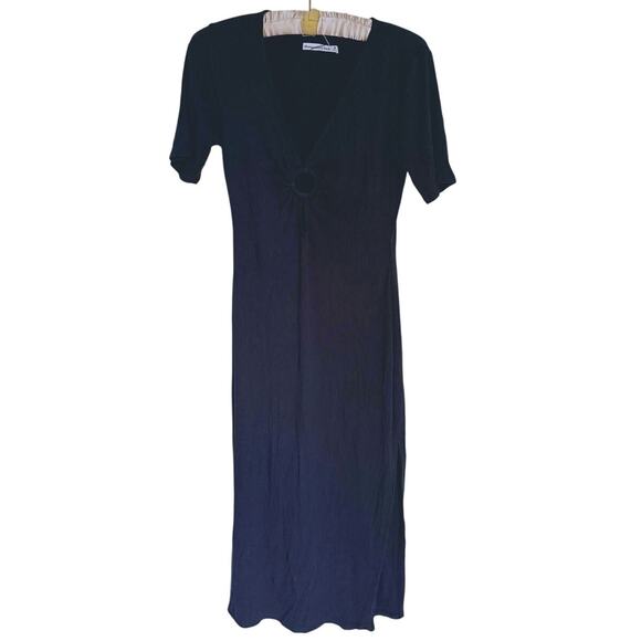 Abercrombie & Fitch O-Ring Ribbed Short Sleeve Midi Dress Black M Academia LBD - Picture 8 of 12